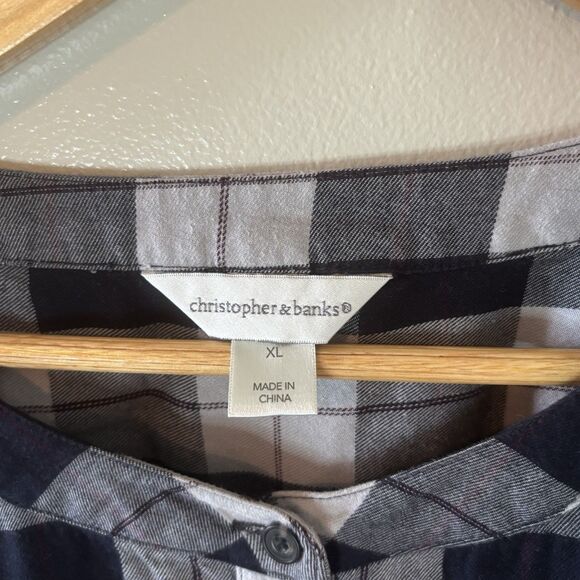 Christopher & Banks Plaid Tunic Top Gray Roll Tab Sleeves Button Sz XL - Picture 3 of 8